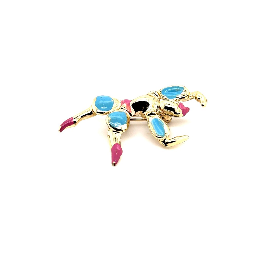 Vintage Gold Tone Bodybuilder Gymnast Brooch Blue Pink Enamel Lapel Pin